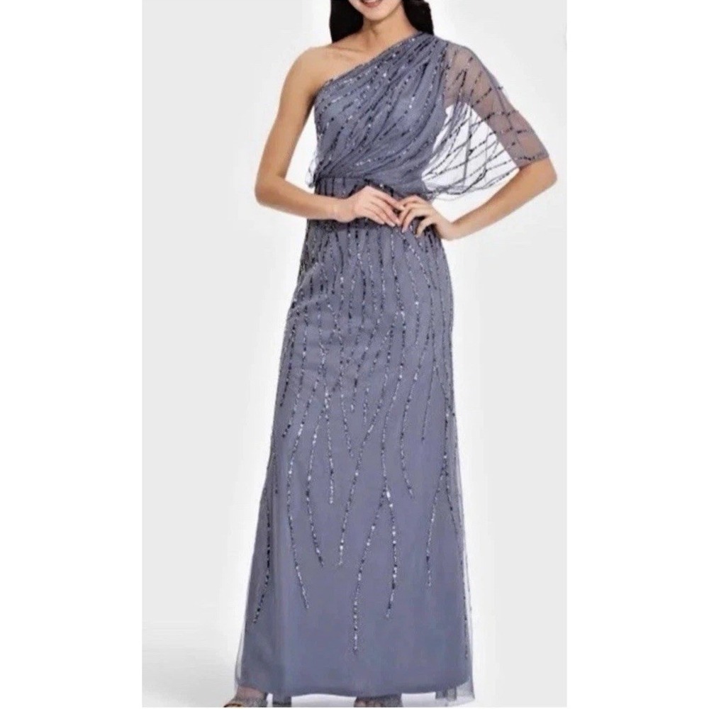 Adrianna Papell one shoulder formal gown Sequin sz 14 blue gray prom Wedding